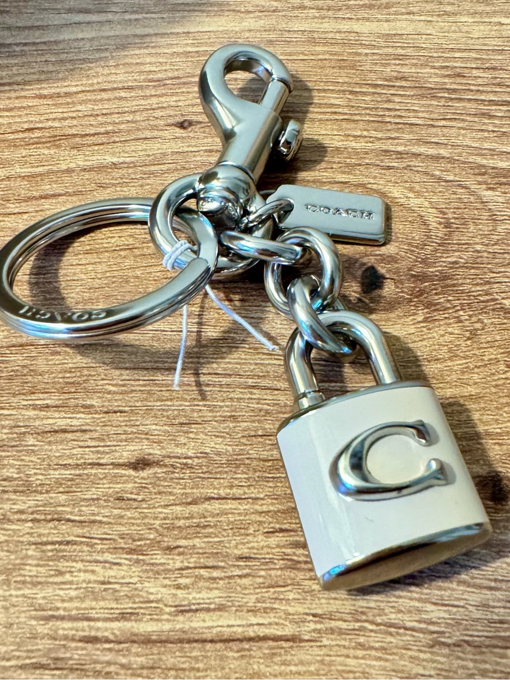 Coach Silver & White Designer Padlock Keychain with 'C' Emblem Bag Charm Chic